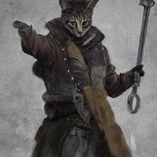 Image similar to a high detail shot of a dirty, homeless cat wearing rags, holstering sword, realism, 8 k, fantasy, d & d, concept art