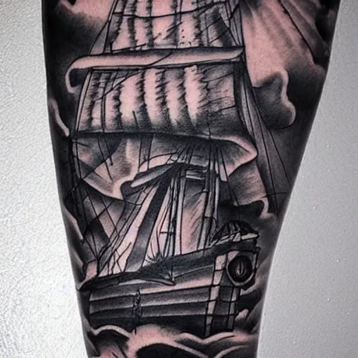 Image similar to A pirate ship tattoo design in the style of Dmitriy Samohin, hyper realistic tattoo