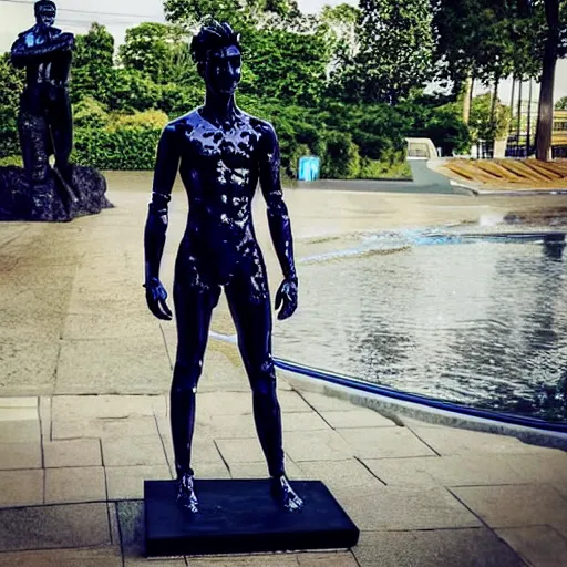 Image similar to “a realistic detailed photo of a guy who is an attractive humanoid who is half robot and half humanoid, who is a male android, twitch streamer Ninja Tyler Blevins, shiny skin, posing like a statue, blank stare, fountain outside house, display”