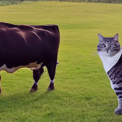 Image similar to a cow with a cat on its head