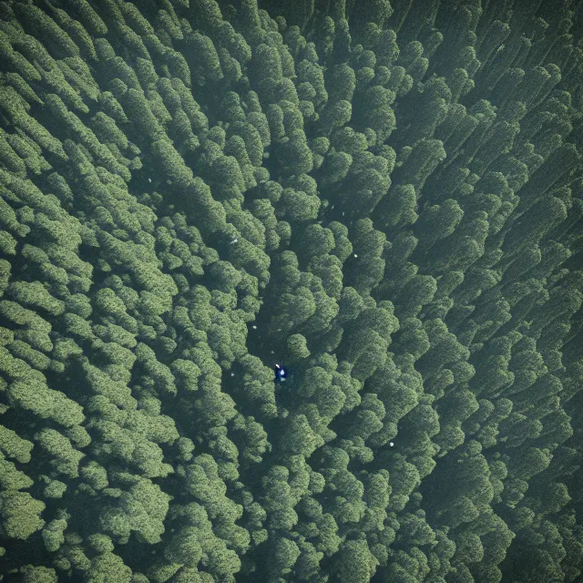 Prompt: looking down a mountain at a forest of hammerhead sharks, sharp focus, octane render