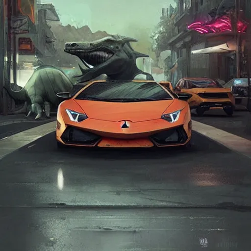 Prompt: lamborghini with dinosaur near a mc donald store, highly detailed, concept art, art by wlop and artgerm and greg rutkowski, masterpiece, trending on artstation, 8 k