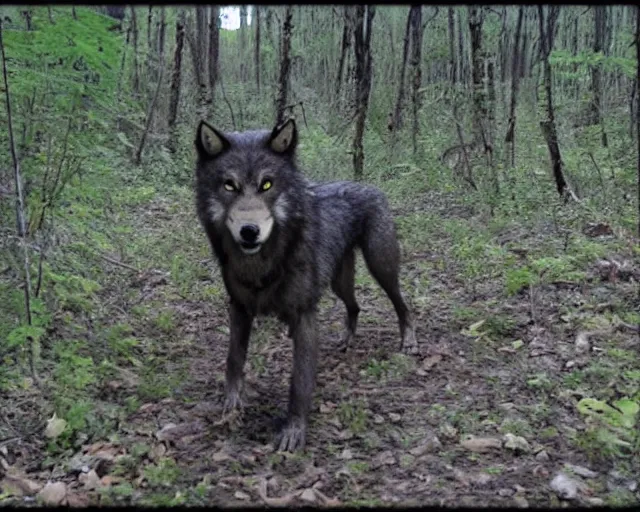 Prompt: standing werewolf caught on a trail cam