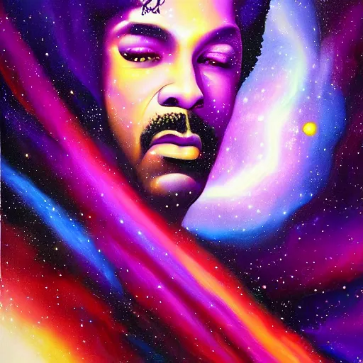 Image similar to a cosmic painting of prince in space. mindblowing colours, trending on artstation. highly detailed face.