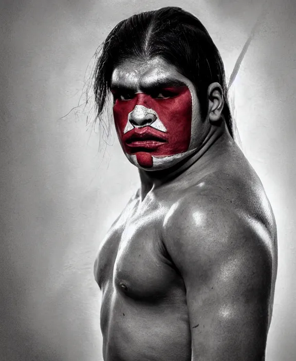 Image similar to heroic portrait of a young mexican wrestler. art by denys tsiperko and bogdan rezunenko, hyperrealism