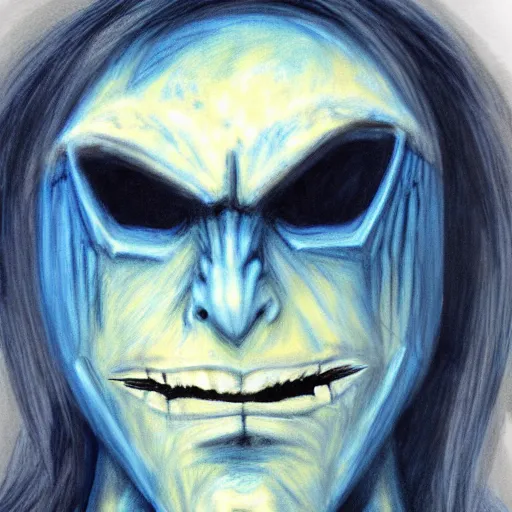Prompt: rough painting of a blue monster in acrylic paint, broad brush strokes, hr giger, phantasy star online, white background, pencil sketch lines are visible