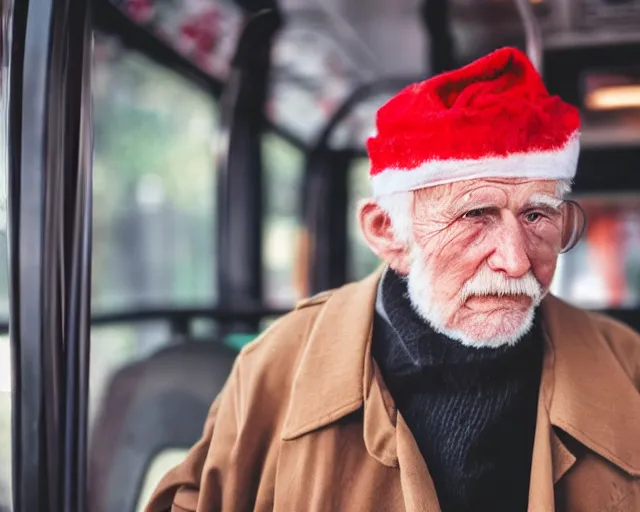 Image similar to an old man on a city bus holding a candy cane, portra 4 0 0 candid photograph portrait by annie leibovtz, 3 5 mm shot, f / 3 2, hyperrealistic, cinematic lighting, hd wallpaper, 8 k, 4 k