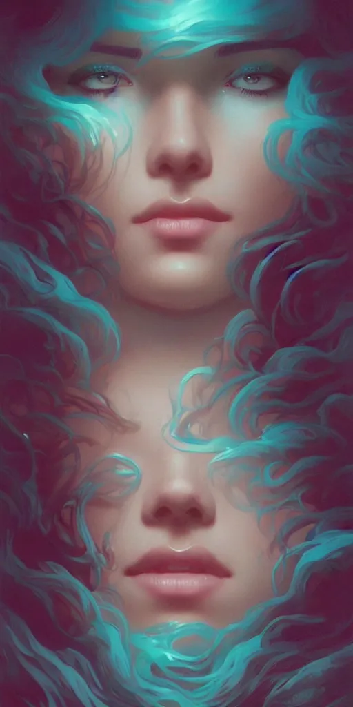 Image similar to haunting beautiful young woman, detailed photo realistic gorgeous face turning waves, dark, ominous, sad eyes, glowing hue of teal, vaporwave aesthetic, synthwave , digital painting, artstation, concept art, smooth, sharp focus, illustration, art by artgerm and greg rutkowski and alphonse mucha