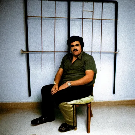 Prompt: Pablo Escobar sitting in expensive and decorated prison cell