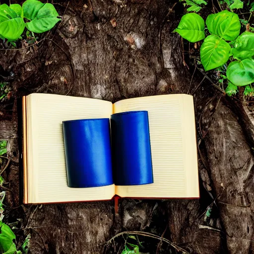 Image similar to a blue leather bound book, standing open on a wooden stump in a jungle, vines growing around
