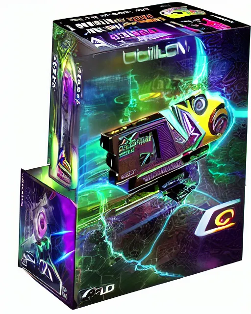 Image similar to Various graphics card box art late 90s early 2000s graphics card boxes box art 90s 2000s y2k futuristic cheesy metallic alien cgi motion blur voodoo graphics cyborg pc gaming liquid silver millennium nvidia ati elsa hercules prophet