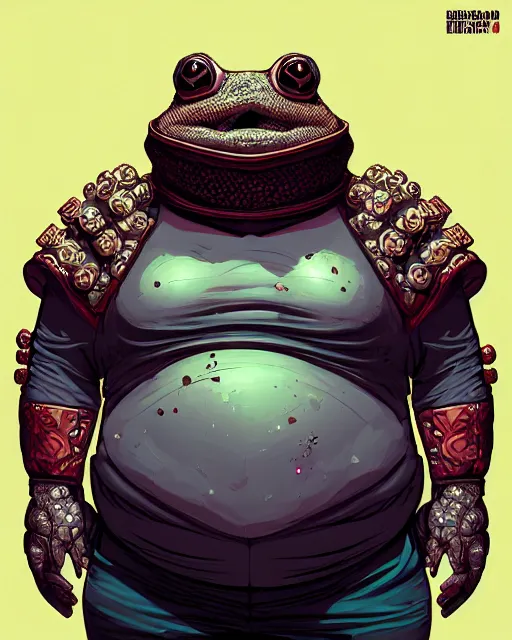 Image similar to a fat slimy anthropomorphic toad king wearing ornate cyberpunk armor, bust shot, smooth, intricate, elegant, power aura, digital painting, artstation, concept art, sharp focus, illustration, art by josan gonzalez, high contrast