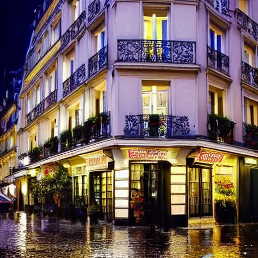 Image similar to Photo of a traditional Parisian hotel during a rainy night, Paris