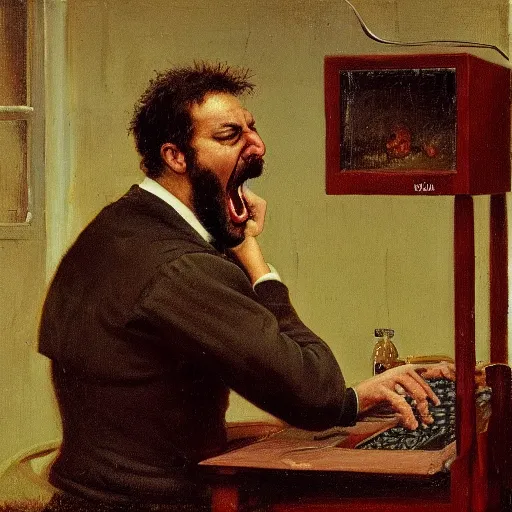 Image similar to an angry man yells at his computer monitor, oil on canvas, 1 8 8 3, highly detailed