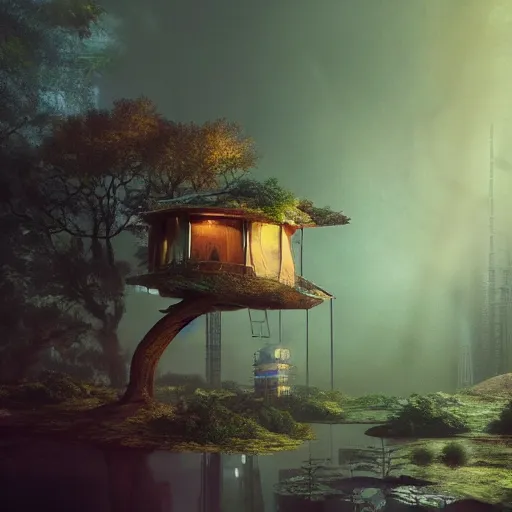 Prompt: tree houses in a solar punk future, trending on artstation, octane rendering, cinematic lighting, camera obscura, water color texture, inspired by da vinci, inspired by rembrandt, inspired by ghibli, inspired by alan moore, inspired by blade runner, hyper realistic detail, very very very detailed, super detailed