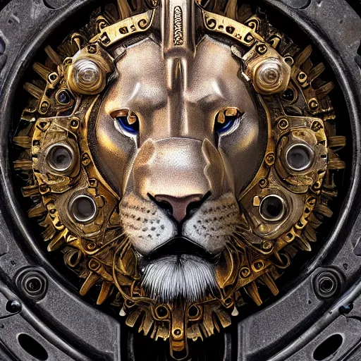 Image similar to A steampunk lion portrait made of engraved full plate armor and gears, Macro shot by Justin Gerard, unreal engine, physically based rendering