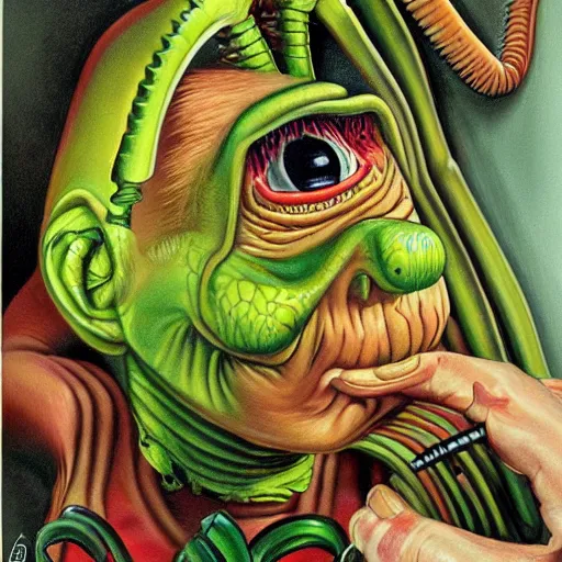 Image similar to beautiful lifelike painting of praying mantis garbage pail kid, hyperreal detailed facial features and uv lighting, art by ed roth and basil wolverton