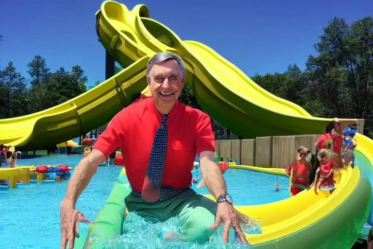 Prompt: mr rogers wearing sunglasses on a water slide