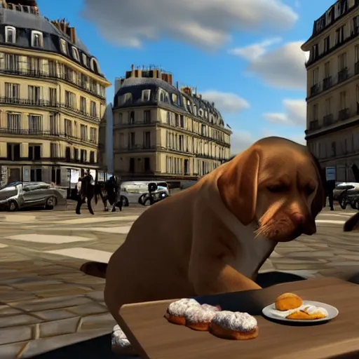 Image similar to dog eating croissants in paris, unreal engine