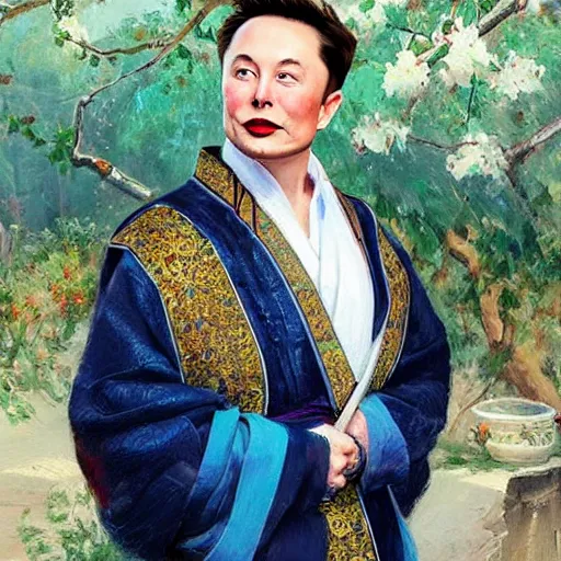 Prompt: elon musk wearing a hanfu with lily embroidery, in the style of Konstantin Razumov, extremely detailed