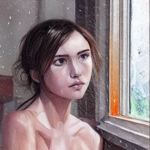 Prompt: girl sitting nearby a windowing, rainy outside, detailed, very fine face, strong lighting, by artists.