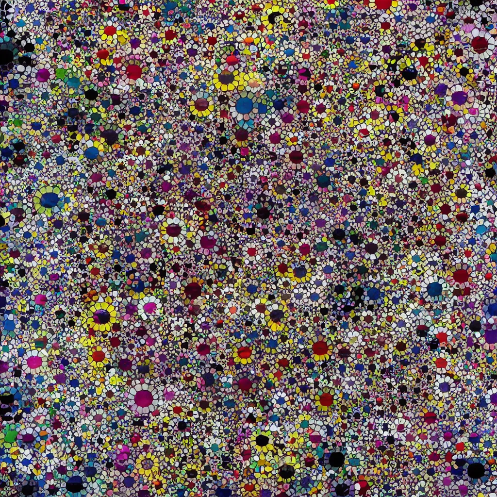 Image similar to camouflage made of flowers, style of takashi murakami, abstract, rei kawakubo artwork, cryptic, stipple, lines, splotch, color tearing, pitch bending, color splotches, dark, ominous, eerie, minimal, points, technical, old painting