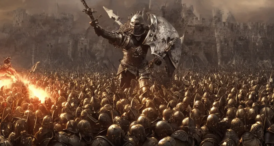 Prompt: render of A skull faced knight with a skull mask, wearing a golden set of armor standing in the middle of a battlefield with a sea of knights fighting, hyper realistic, unreal, craig mullins, alex boyd, lord of the rings, game of thrones, dark souls, artstation, cinematic action shot, warhammer