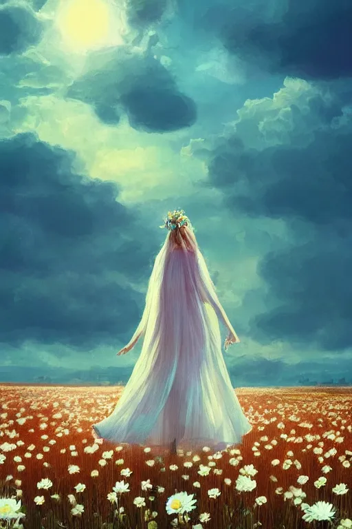 Prompt: giant white daisy flower crown as head veil, girl walking in a flower field, surreal photography, sunrise, dramatic light, impressionist painting, colorful clouds, digital painting, artstation, simon stalenhag