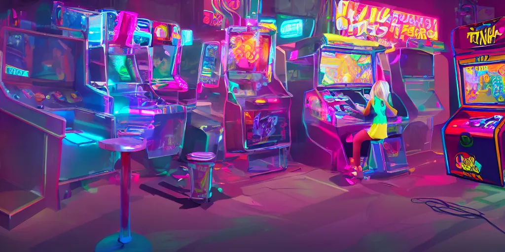 Image similar to an environmental concept art of a stylish teen girl playing a game in a colorfully lit, cluttered arcade, highly detailed, environmental light, cinematic by francis tneh