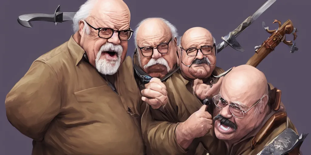 Image similar to wilford brimley fighting danny devito to the death with medieval weapons diabeetus high fidelity painting high resolution trending on artstation