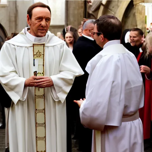 Image similar to kevin spacey dressed up as a catholic priest, giving out communion to people