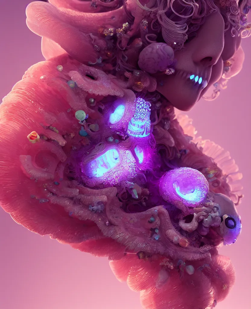 Image similar to goddess princess beautiful face close-up portrait ram skull fluffy toy. jellyfish phoenix head, nautilus, orchid, skull, betta fish, bioluminiscent creatures, intricate artwork by Tooth Wu and wlop and beeple. octane render, trending on artstation, greg rutkowski very coherent symmetrical artwork. cinematic, hyper realism, high detail, octane render, 8k