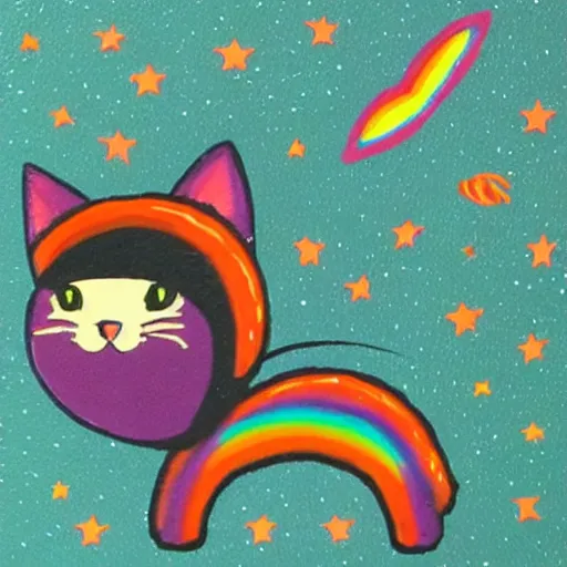 Prompt: cat with a poptart body flying through space pooping rainbows