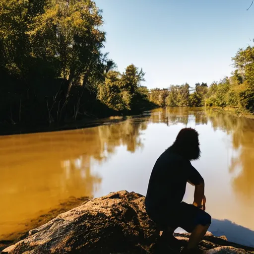 Prompt: a caveman kneeling down at a river, an looking at his own reflection