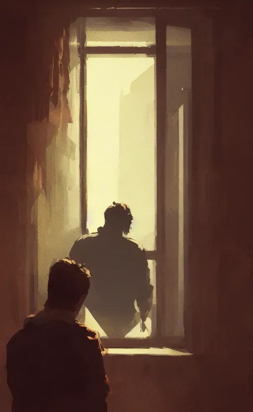 Prompt: man looking out a window, long shadow, dark room, warm vintage colors, by Greg Rutkowski, artstation