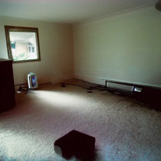 Image similar to a strange high flash photo of an empty suburban home, 2 0 0 6, taken with a disposable camera