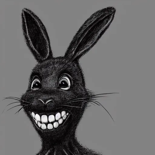 Image similar to A extremely highly detailed majestic hi-res beautiful, highly detailed head and shoulders portrait of a scary terrifying, horrifying, still of a creepy black cartoon rabbit in eraserhead with scary big eyes, earing a shirt laughing, hey buddy, let's be friends, in the style of Walt Disney animation