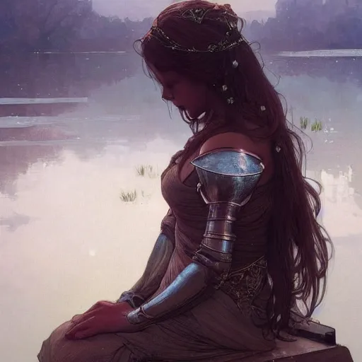 Image similar to A beautiful portrait of A beautiful!!! female knight sitting by the lake by greg rutkowski and alphonse mucha,In style of digital art illustration.Dark Fantasy.WLOP.hyper detailed,smooth, sharp focus,trending on artstation,4k