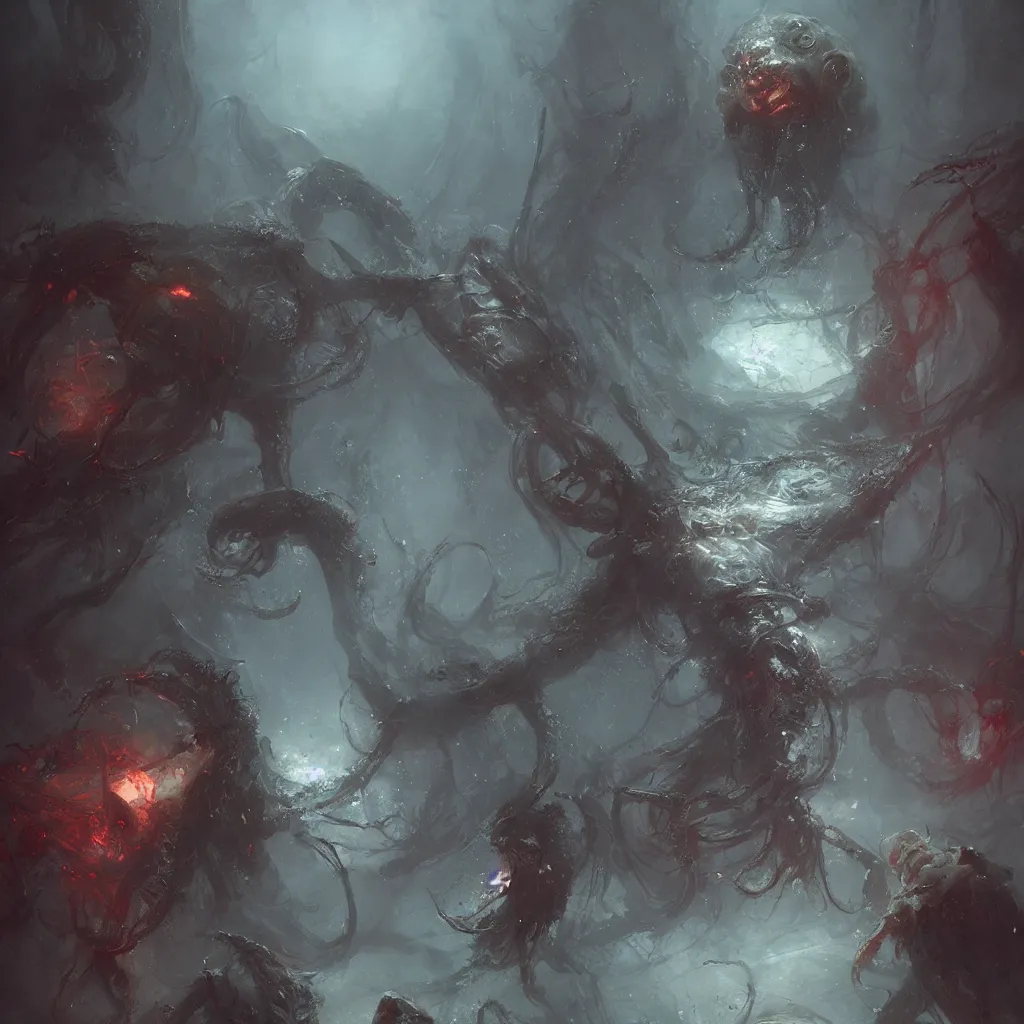 Image similar to lovecraftian horror by wlop, greg rukowski, ruan jia, horrifying