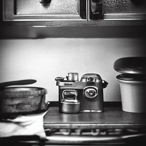 Image similar to “macro photography focused on a miniature figure on a countertop. The background is the rest of the kitchen. The mid ground is a dramatic highway bridge that connects the vintage fridge to the counter. Award winning photo.”