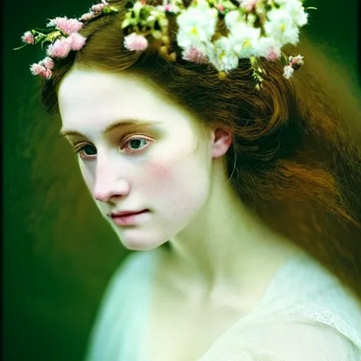 Image similar to Kodak Portra 400, 8K, soft light, volumetric lighting, highly detailed, britt marling style 3/4 ,portrait photo of a beautiful woman how pre-Raphaelites painter, a beautiful lace dress and detailed flowers adorning her hair, white pearls on her beautiful face, Realistic, Refined, Highly Detailed, natural outdoor soft pastel lighting colors scheme, outdoor fine art photography, Hyper realistic, photo realistic