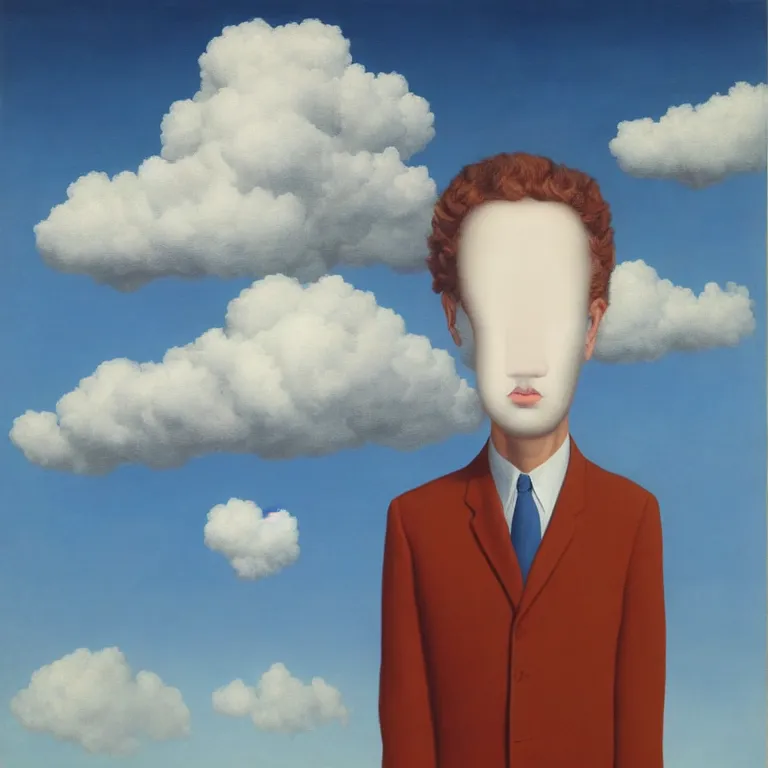 Image similar to cloud - man, by rene magritte, centered, detailed painting, hd, hq, high resolution, high detail, 4 k, 8 k