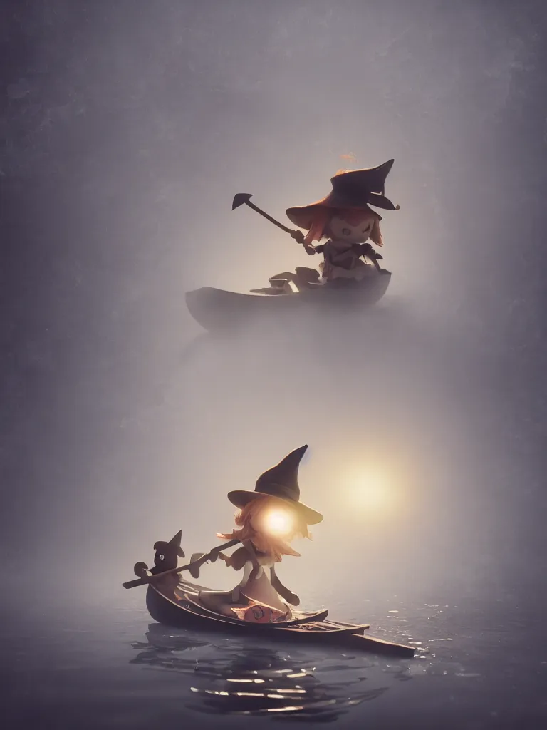 Image similar to cute fumo plush girl witch rowing a small boat through murky river water, river styx, otherworldly chibi gothic horror wraith maiden, lost in the void, hazy heavy swirling murky volumetric fog and smoke, moonglow, lens flare, rule of thirds vray