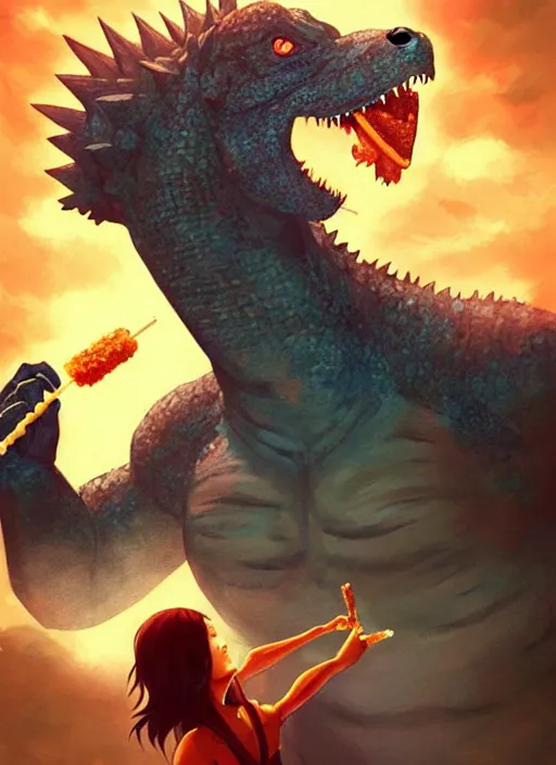 Prompt: beautiful portrait of Godzilla eating a corndog. character design by charlie bowater, ross tran, artgerm, and makoto shinkai, detailed, inked, western comic book art