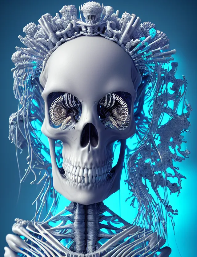 Prompt: 3 d goddess skeleton macro close - up portrait with crown made of ram skull. betta fish, jellyfish phoenix, bioluminiscent fire, plasma, ice, water, wind, creature, super intricate ornaments artwork by tooth wu and wlop and beeple and greg rutkowski