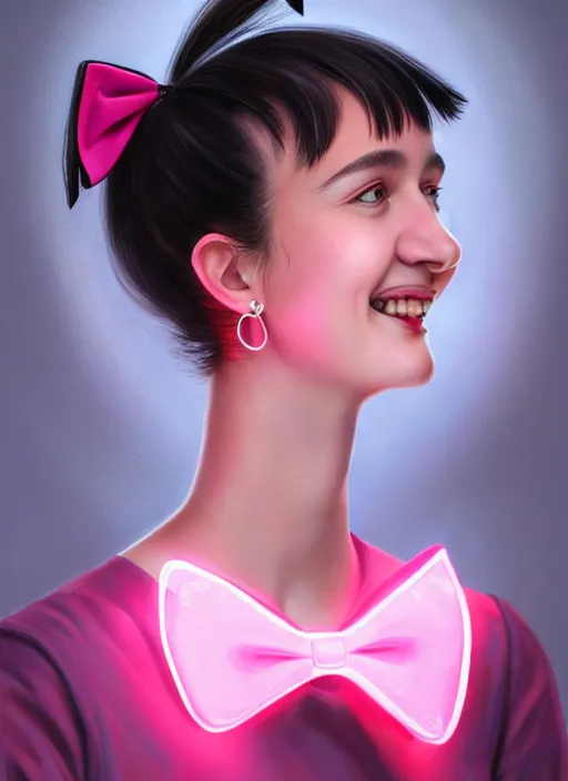 Image similar to portrait of high school girl, realistic, black hair, bangs, half updo hairstyle, pointy nose, skinny, smile, ugly, defined jawline, big chin, pink hair bow, earrings, intricate, elegant, glowing lights, highly detailed, digital painting, artstation, sharp focus, illustration, art by wlop, mars ravelo and greg rutkowski