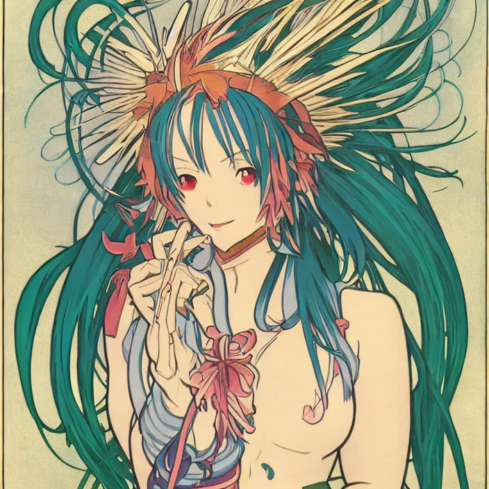 Image similar to portrait of rimuru tempest from that time i got reincarnated as a slime. art by alphonse mucha