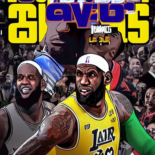 Image similar to happy lebron james, gta v cover art, art by stephen bliss, matte painting