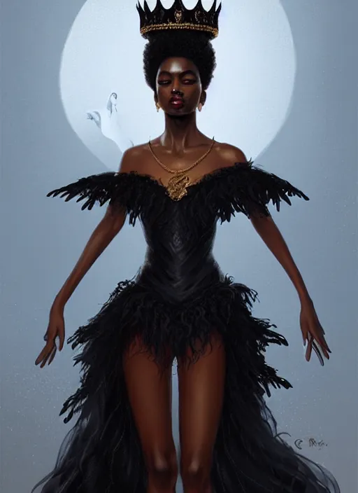 Image similar to full body portrait of beautiful black woman as the swan queen, glowing crown, beautiful flowy feathered gown, beautiful baroque lace detail, highly detailed, digital painting, artstation, concept art, smooth, sharp focus, illustration, face by wlop, illustrated by mars ravelo and greg rutkowski