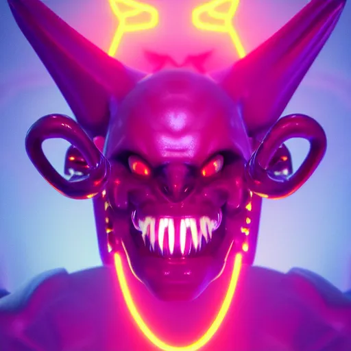 Image similar to synthwave demonic alien face with neon horns, detailed face, sharp focus, synthwave art, aesthetic, octane render, raw, cinematic